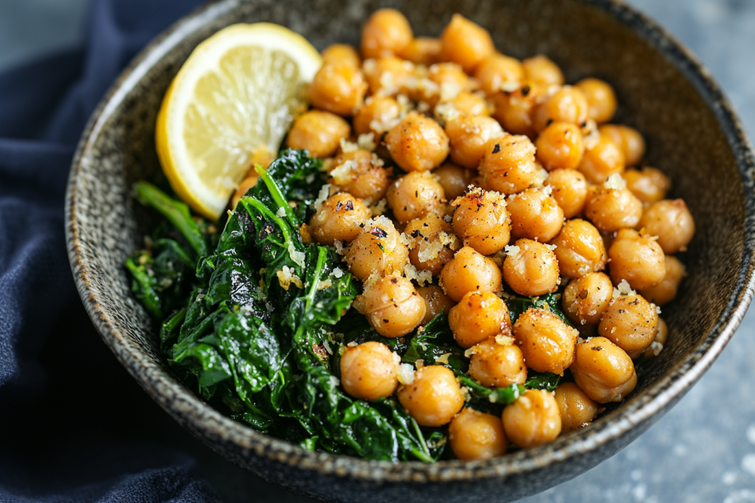 Garlic & Lemon Roasted Chickpeas with Greens