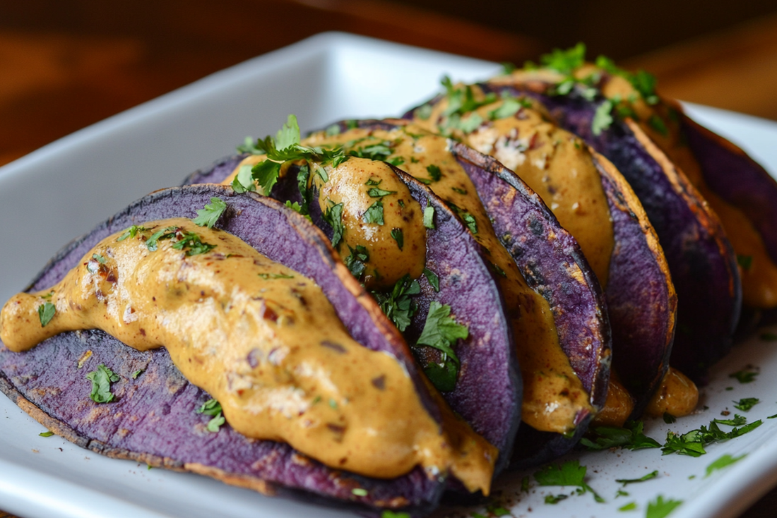 Purple Sweet Potato Tacos with Chipotle Cashew Sauce