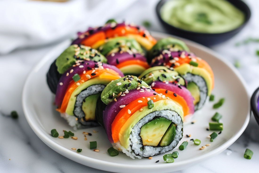 Rainbow Veggie Sushi Rolls with Avocado Dip
