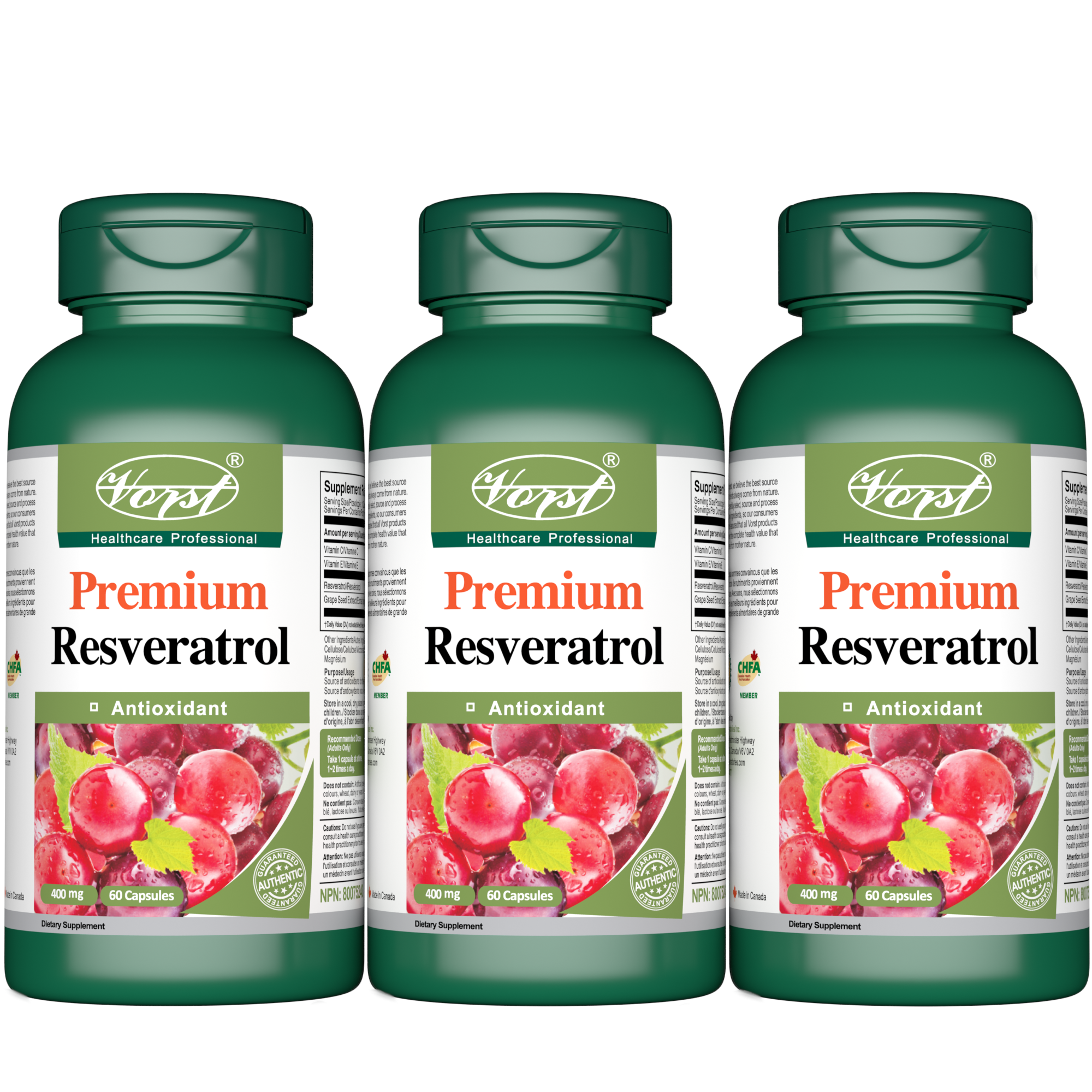Premium Resveratrol 400mg with Grape Seed, Vitamin E and C 60 Capsules
