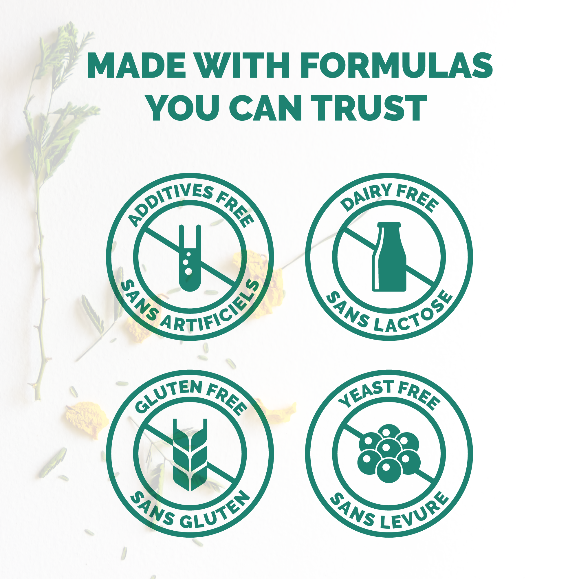 made with formulas you can trust, Additive Free, Dairy Free, Gluten Free, Yeast Free