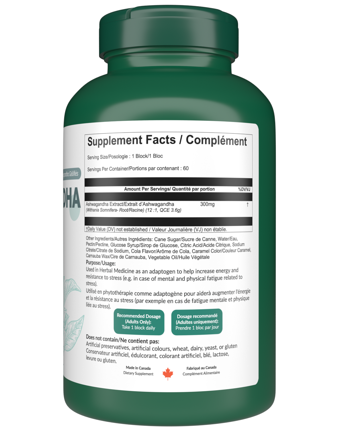 Ashwagandha Gummies 300mg 60 Vegan Gummies Cola Flavored supplement facts