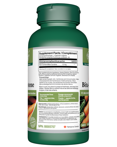 Beta Carotene Supplements Supplement Facts Table