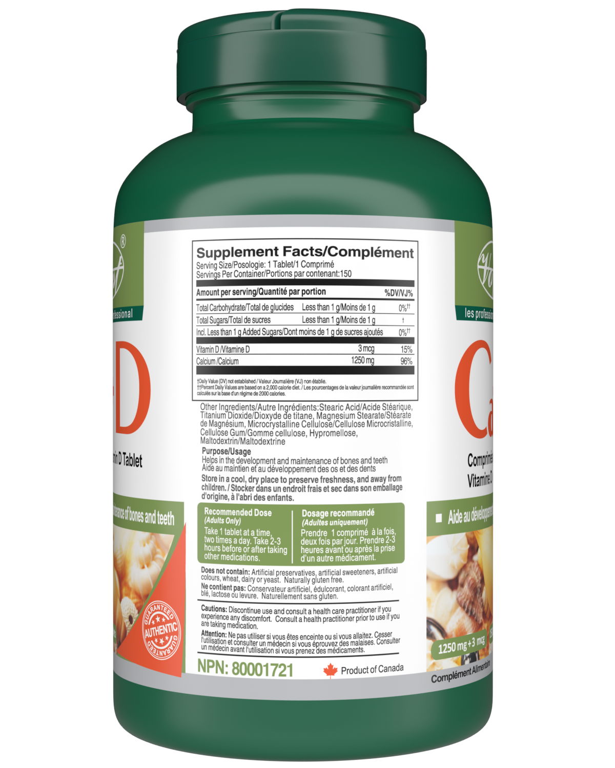 Calcium with Vitamin D 1250mg + 3mcg 150 Tablets supplement facts