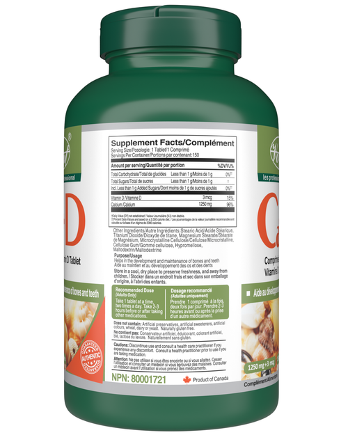 Calcium with Vitamin D 1250mg + 3mcg 150 Tablets supplement facts
