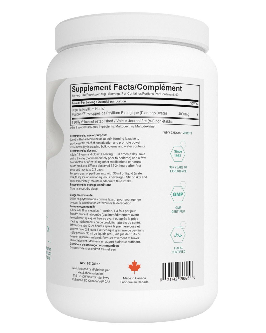 Fiber Mix 900G Organic Psyllium Husk Powder Supplement Facts