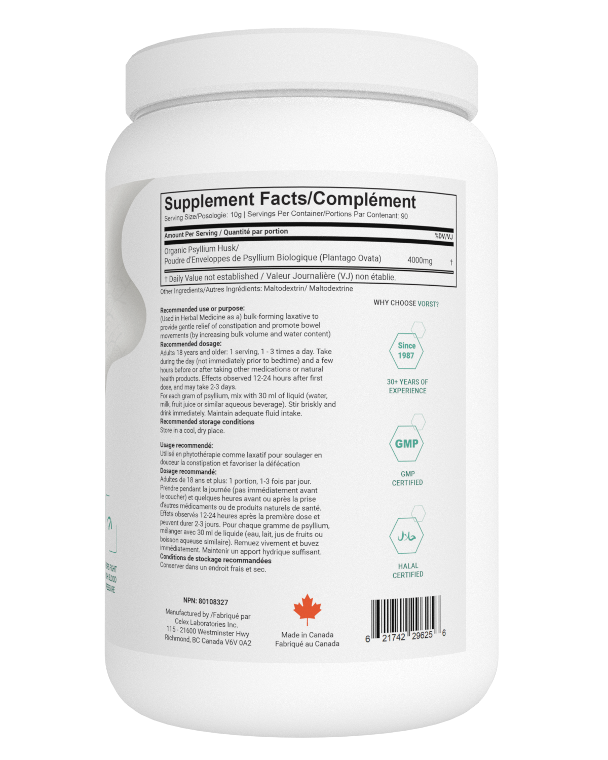 Fiber Mix 900G Organic Psyllium Husk Powder Supplement Facts