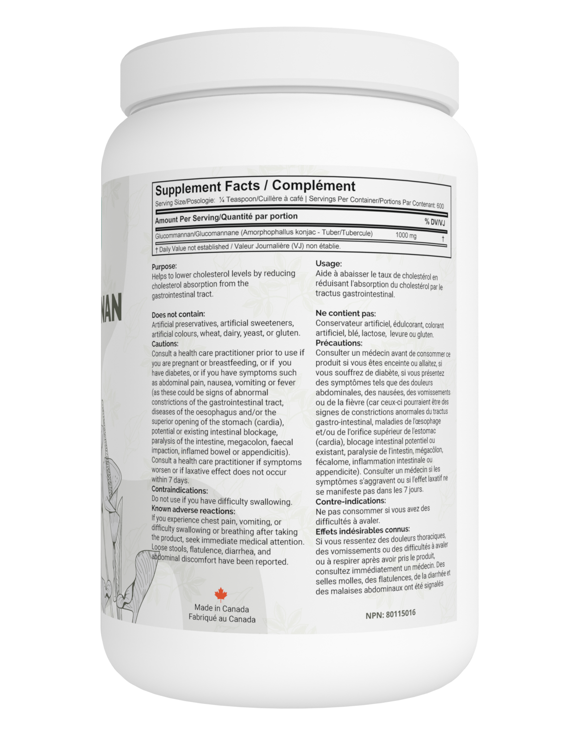Glucomannan Konjac Powder 1000mg Per Serving 600G Supplement Facts