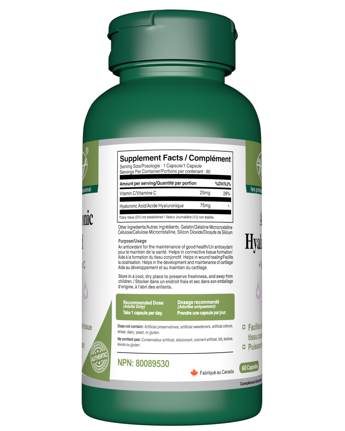 Hyaluronic Acid 75mg with Vitamin C 60 Capsules supplement facts