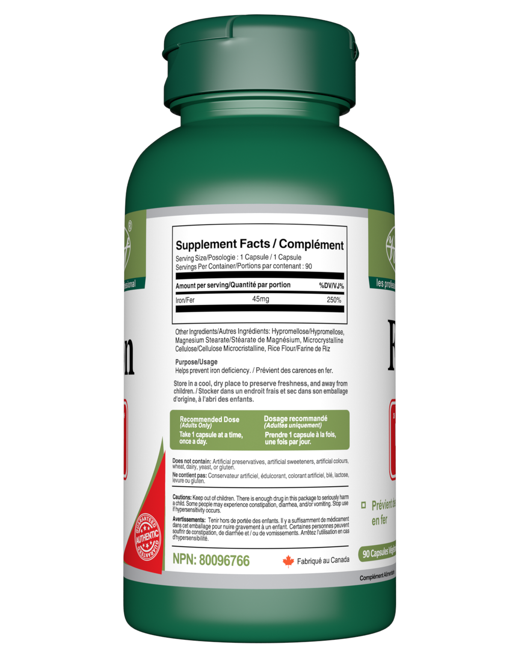 Iron Supplement Max Strength 45mg 90 Vegan Capsules Supplement Facts