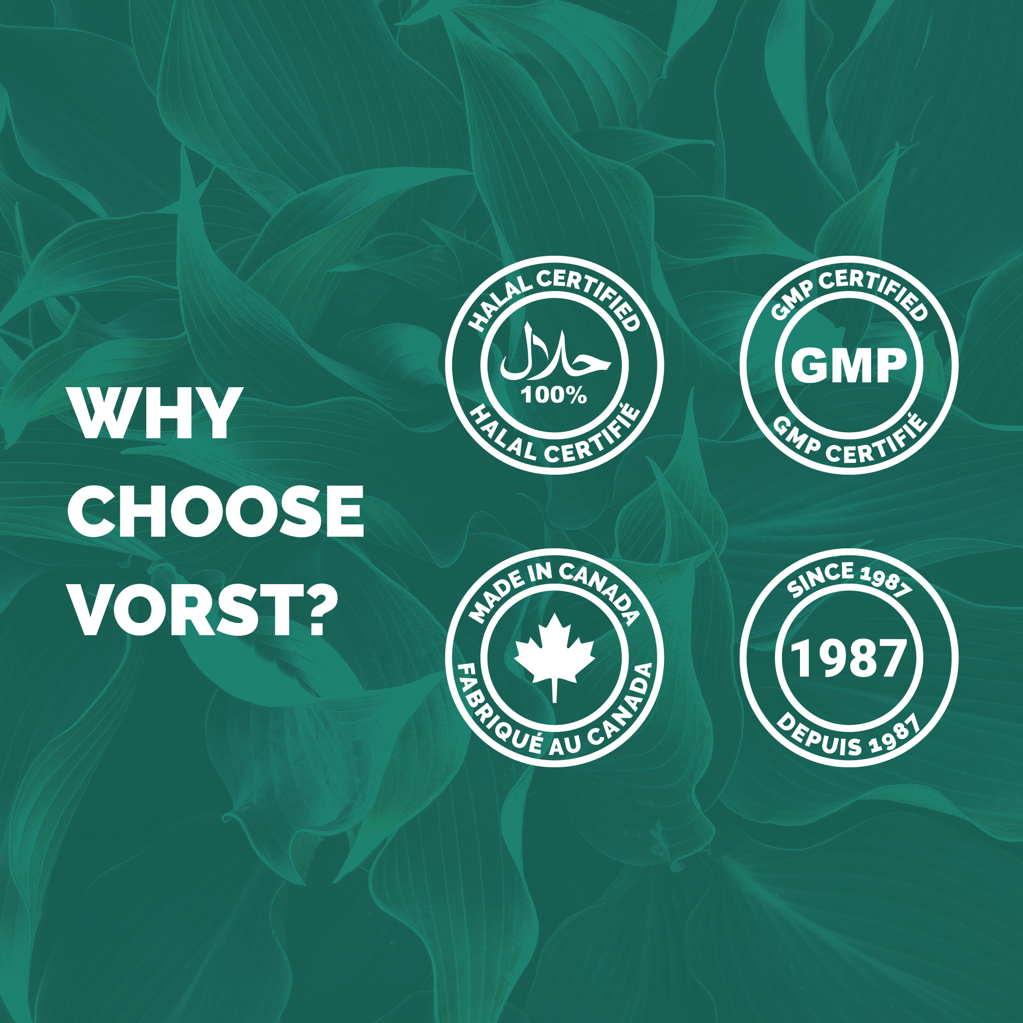 Why choose Vorst? Halal Certified, GMP Certified, Made in Canada, Since 1987