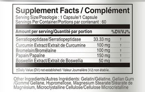 Supplement Facts Serrapeptase 80,000 SU 60 Capsules with Turmeric Bromelain Papain Boswellia bottle
